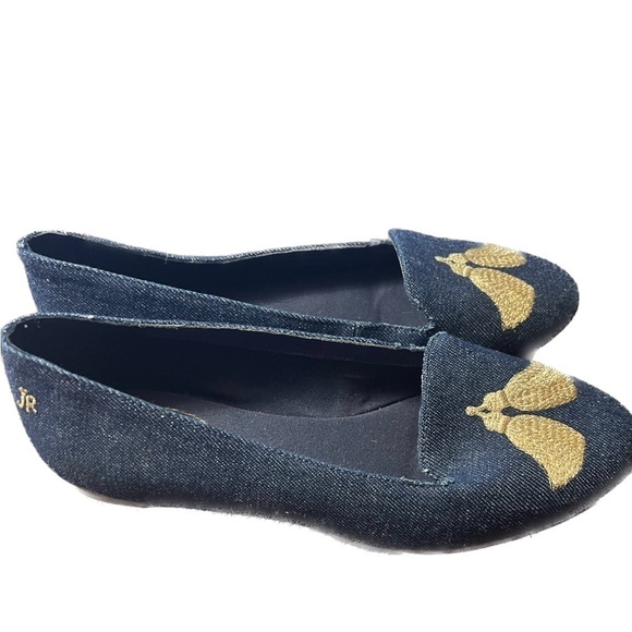 Jack Rogers Blue Chambray Denim Gold Embroidered Tassel Ballet Flats Size 6 - Picture 2 of 6
